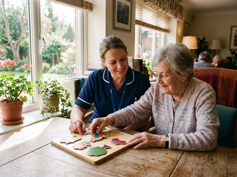 A caregiver gently guiding a senior through a memory activity